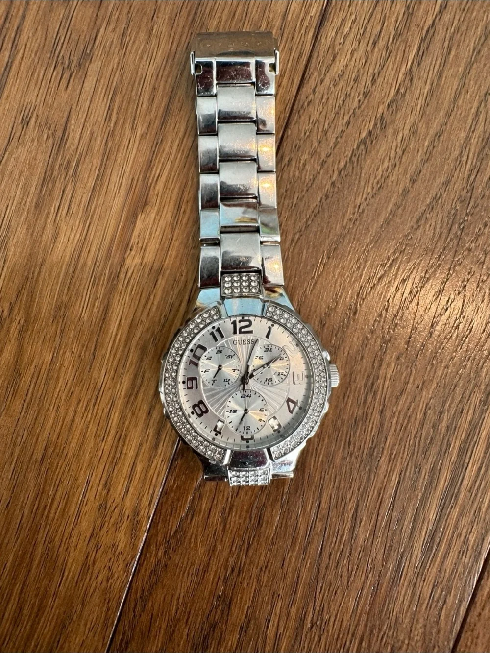 Guess Silver Tone Rhinestone Chronograph Style Watch Women’s Bling